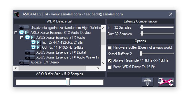 Panel konfiguracyjny ASIO4ALL jest bardzo ładny i bogaty w opcje.