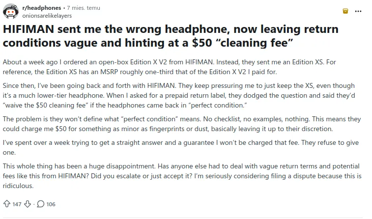 HIFIMAN sent me the wrong headphone, now leaving return conditions vague and hinting at a “cleaning fee”